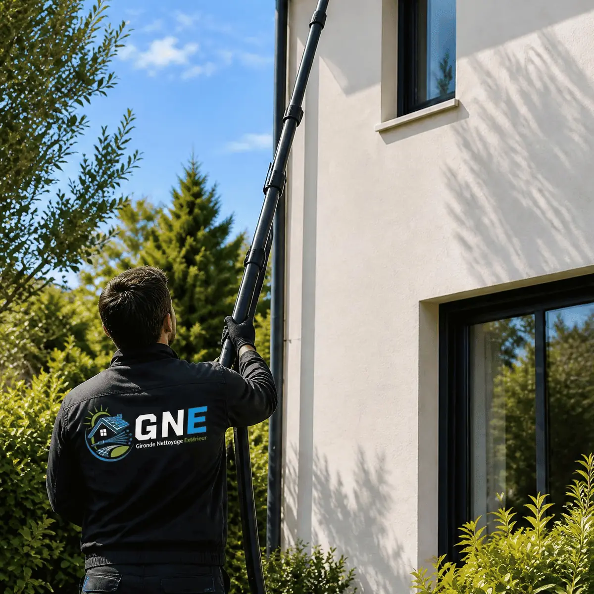 Technicien GNE curant une gouttière avec une perche télescopique