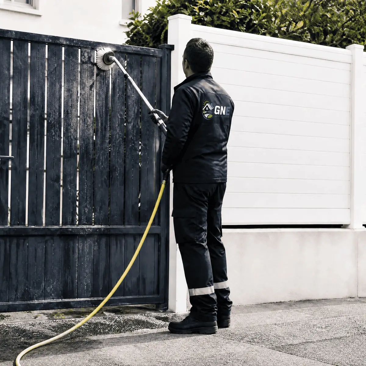 Technicien GNE nettoyant un portail avec une brosse rotative